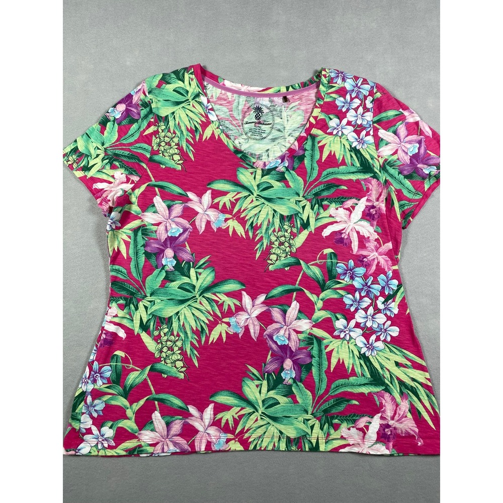 Tommy Bahama Tropical Floral V-Neck T-Shirt Pink Womens Size XL